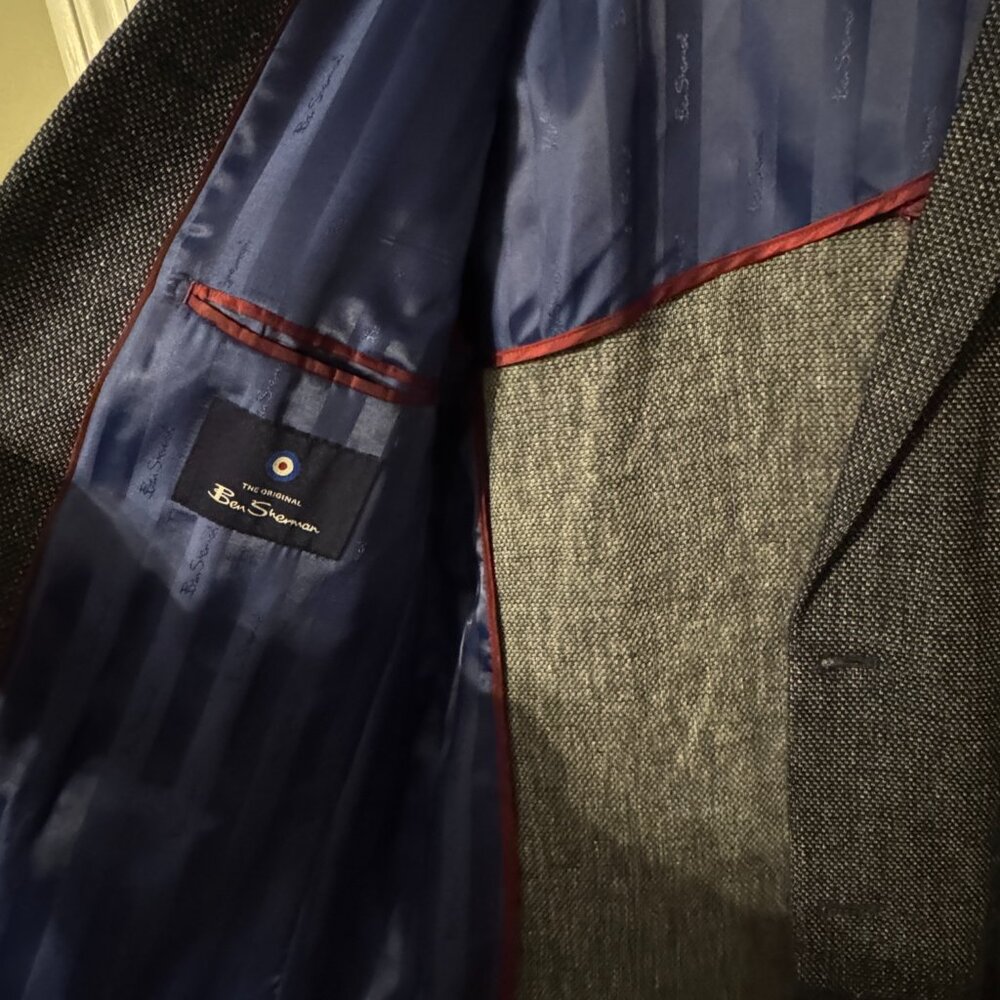 Mens Ben Sherman Suit Jacket Blazer Dark Gray Blue/Red Interior - Picture 2 of 5